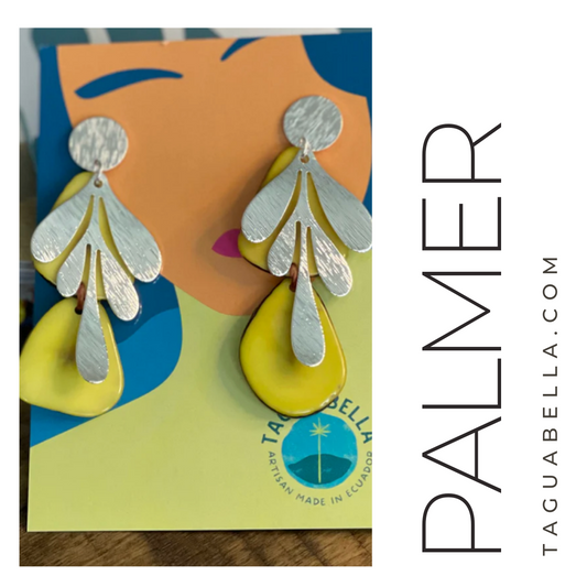 Tagua Earrings drop of 2 small tagua pieces in colorful tagua. silver plated leaf design and silver plated disc post earrings. jewelry from Ecuador, made by Tagua Bella. Ecuador tagua jewelry. 