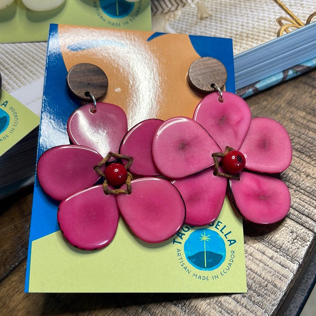 tagua earrings handcrafted in Ecuador organic natural tagua jewelry flower floral daisy fushia