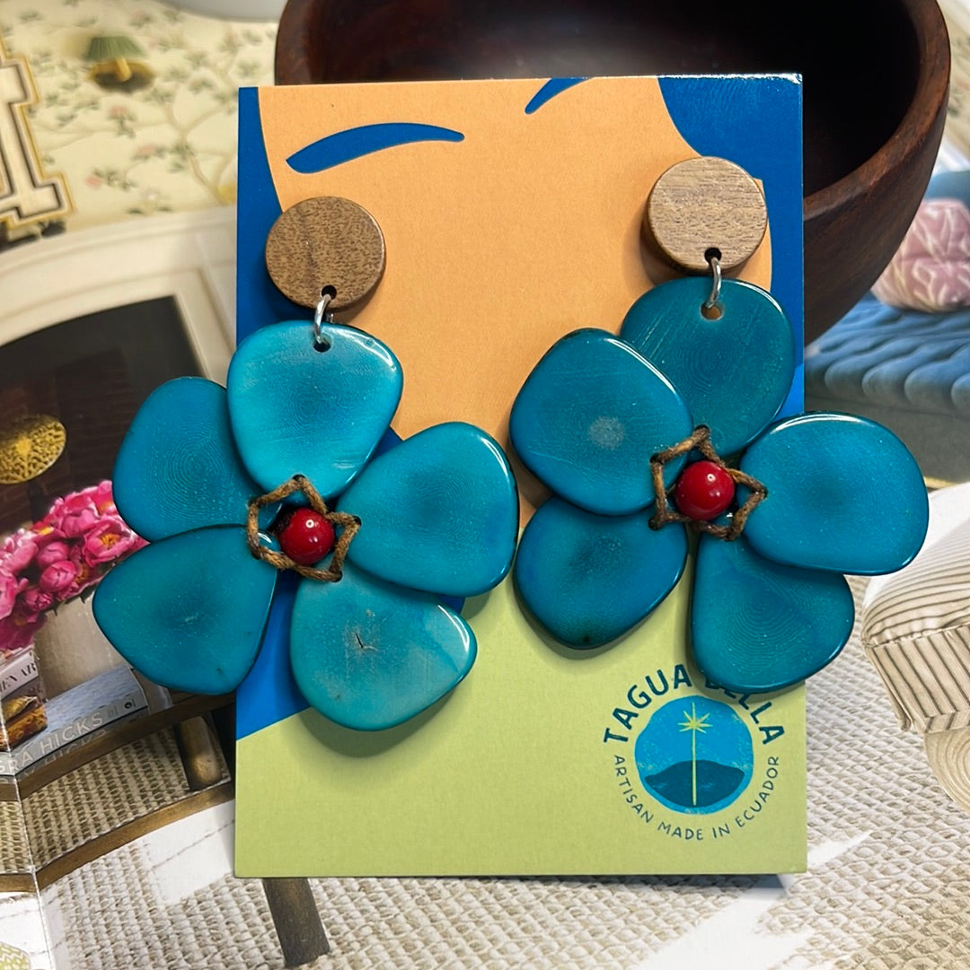 tagua earrings handcrafted in Ecuador organic natural tagua jewelry flower floral daisy turquoise 