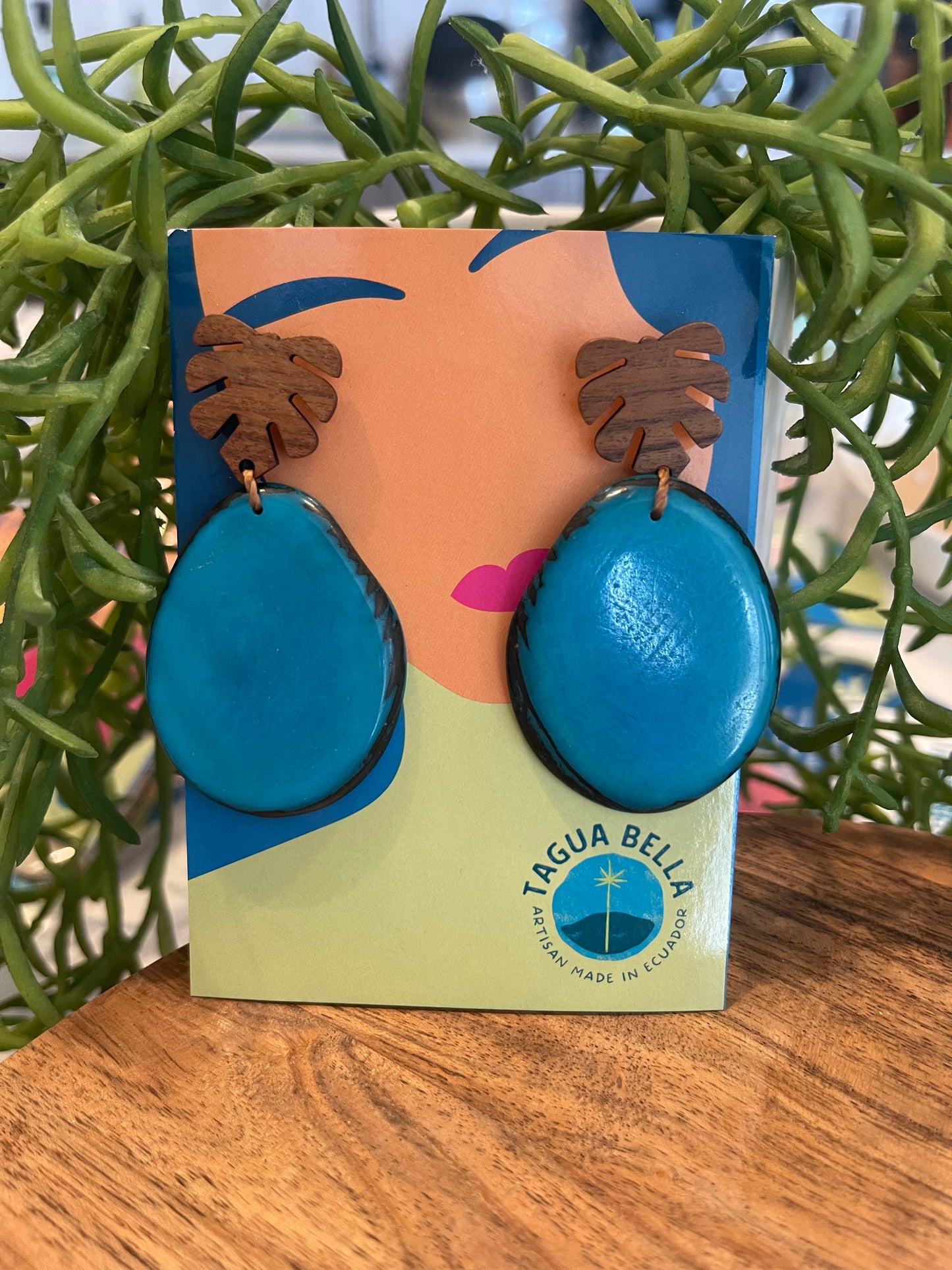 Tagua Earrings solid colorful tagua and wood monstera leaf design top with post earrings. tagua from Ecuador, made by artisans in Ecuador. Ecuador tagua jewelry. tropical earrings Tera turqoise