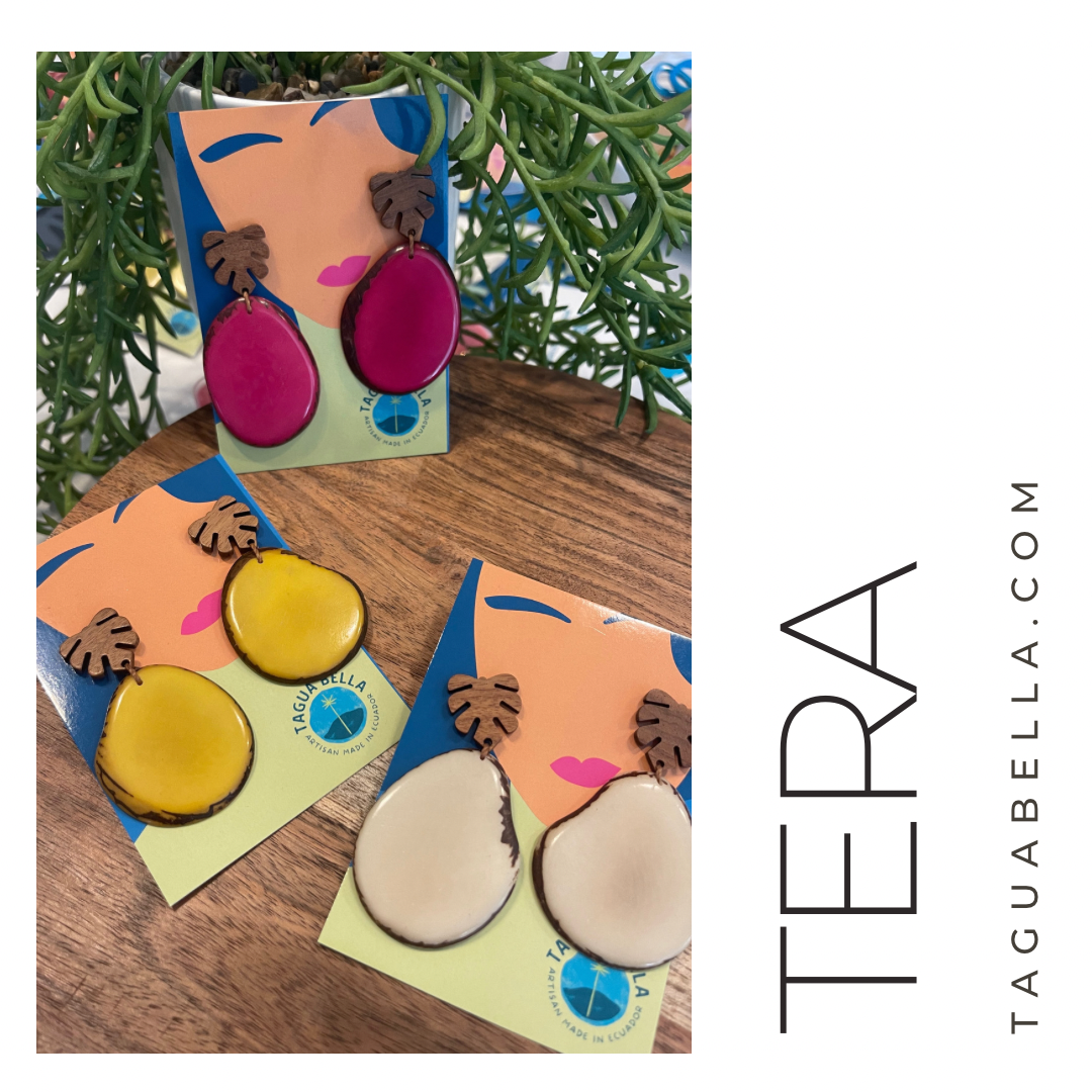 Tagua Earrings solid colorful tagua and wood monstera leaf design top with post earrings. tagua from Ecuador, made by artisans in Ecuador. Ecuador tagua jewelry. tropical earrings Tera