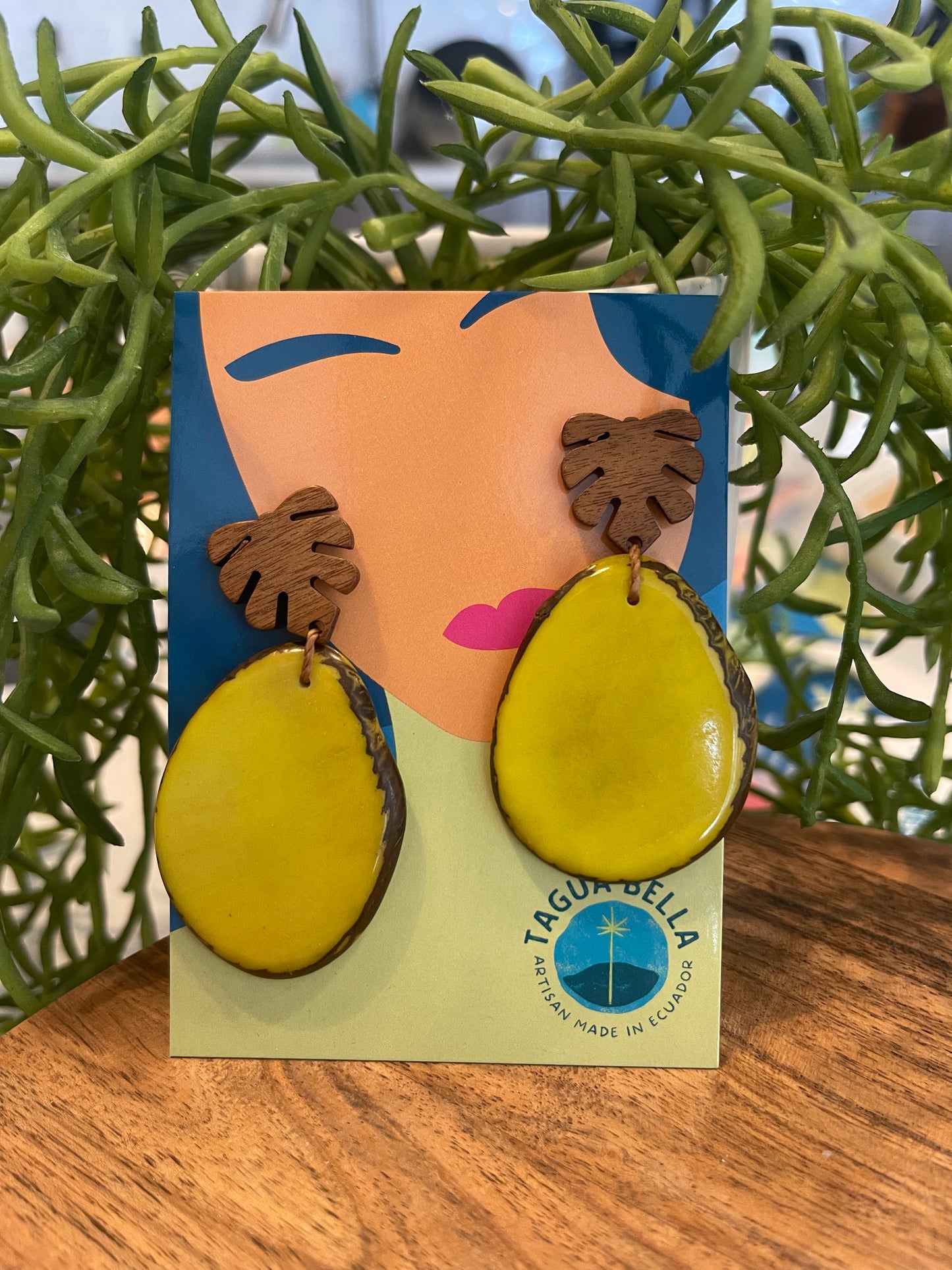 Tagua Earrings solid colorful tagua and wood monstera leaf design top with post earrings. tagua from Ecuador, made by artisans in Ecuador. Ecuador tagua jewelry. tropical earrings Tera yellow